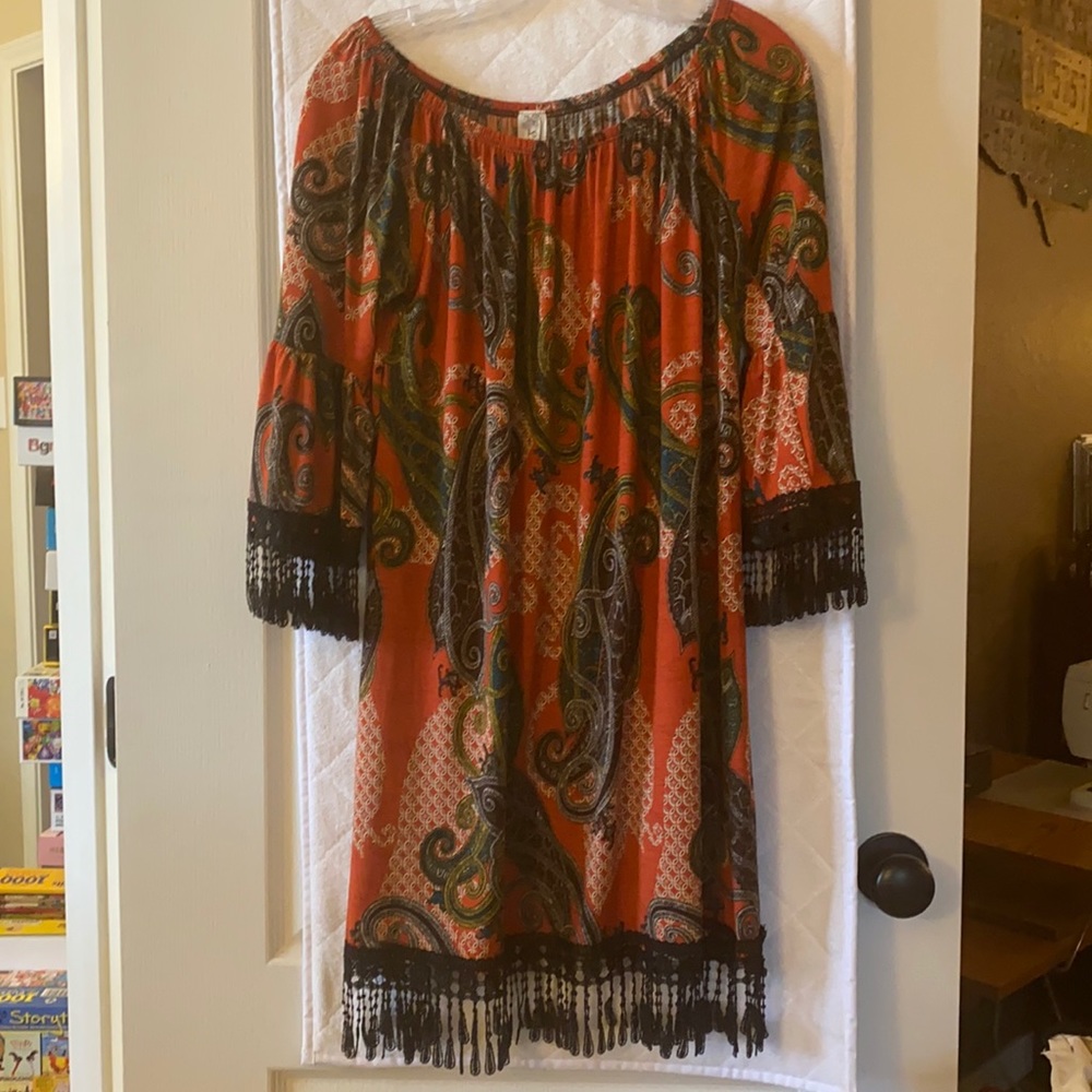 Red paisley dress.